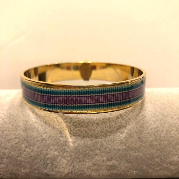 Gerard Yosca Bangle Bracelet, gold tone w/ grosgrain ribbon inlay purple & green - Picture 8 of 11